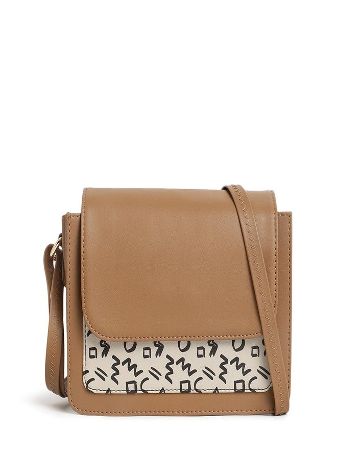 Fastrack Printed PU Structured Sling Bag for Women, Ladies and Girls | Sling Bag with Doodle Print and Button Closure Tan - Image 1
